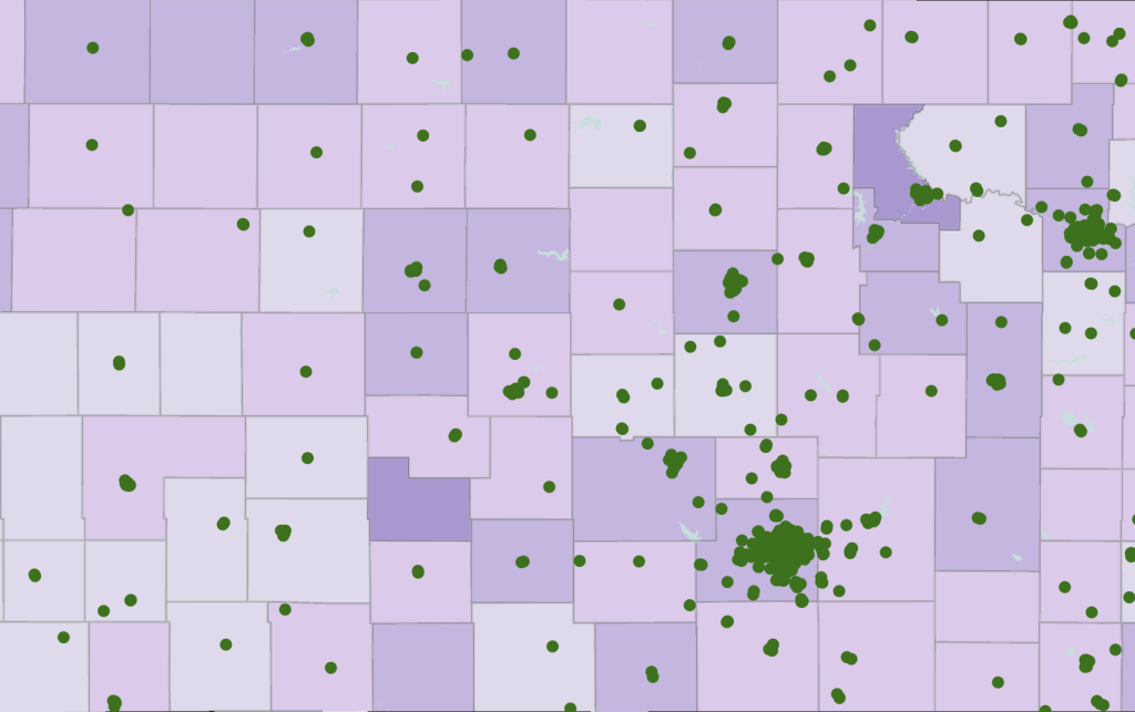 A map of Kansas showing childcare costs and locations.