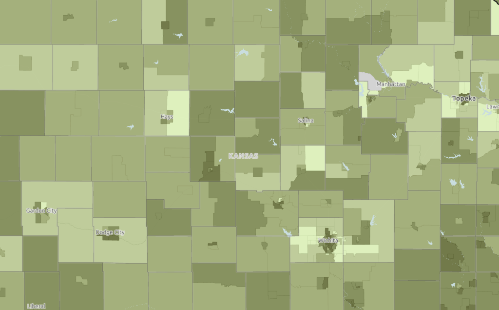 A map of Kansas showing the Environmental Justice Index and Hazardous Waste Proximity.