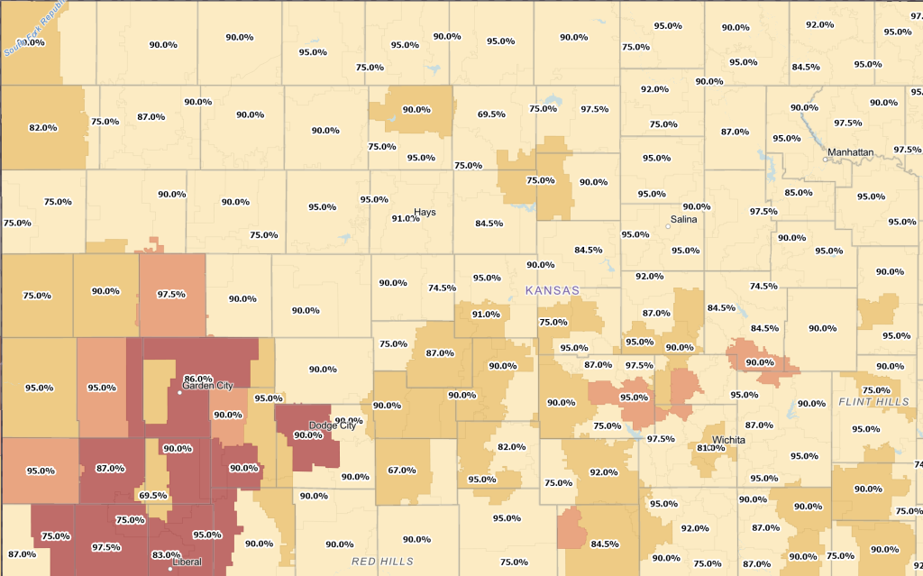 A map of Kansas showing on-time graduation rates.