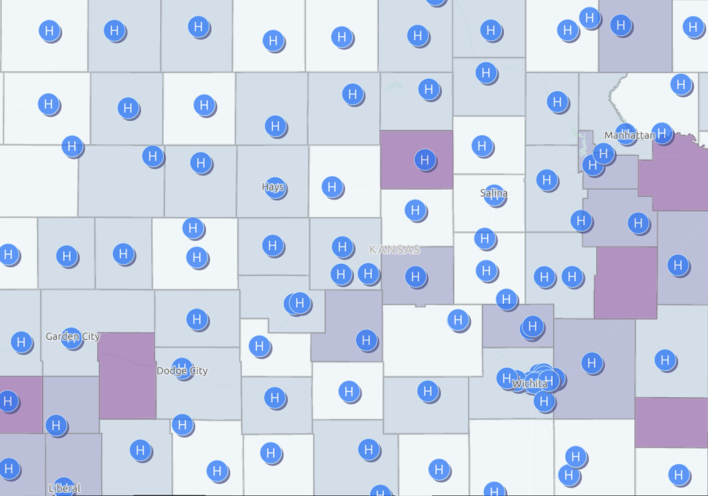 A map of Kansas showing locations of hospitals and the healthcare infrastructure vulnerability index.