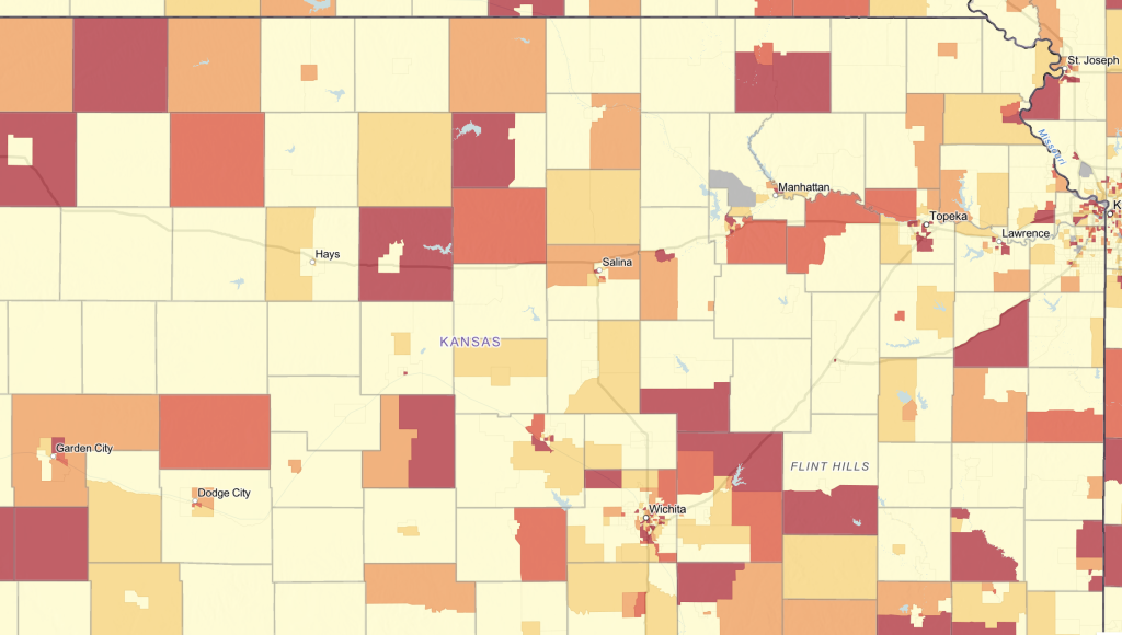 A map of Kansas showing the prevalence of youth who are not working and not in school.
