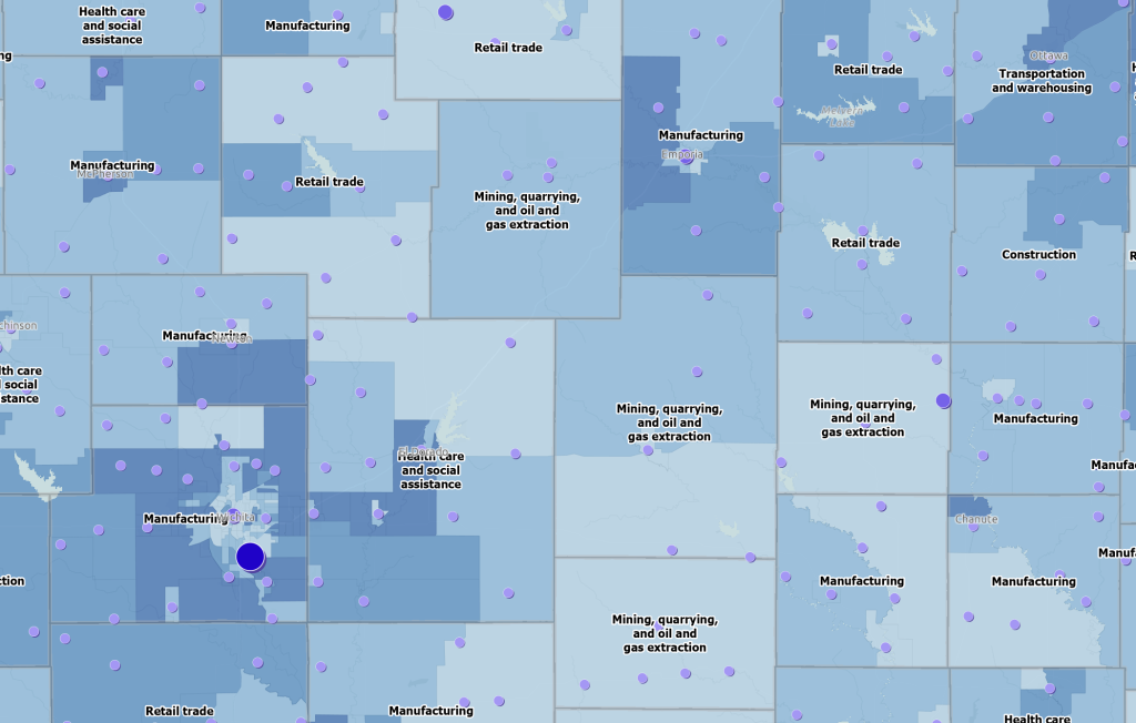 A map of Kansas showing employment and lack of health insurance.