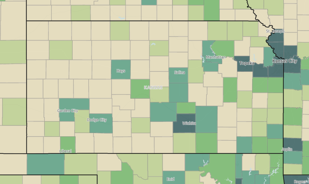 A map of Kansas showing GDP by county.