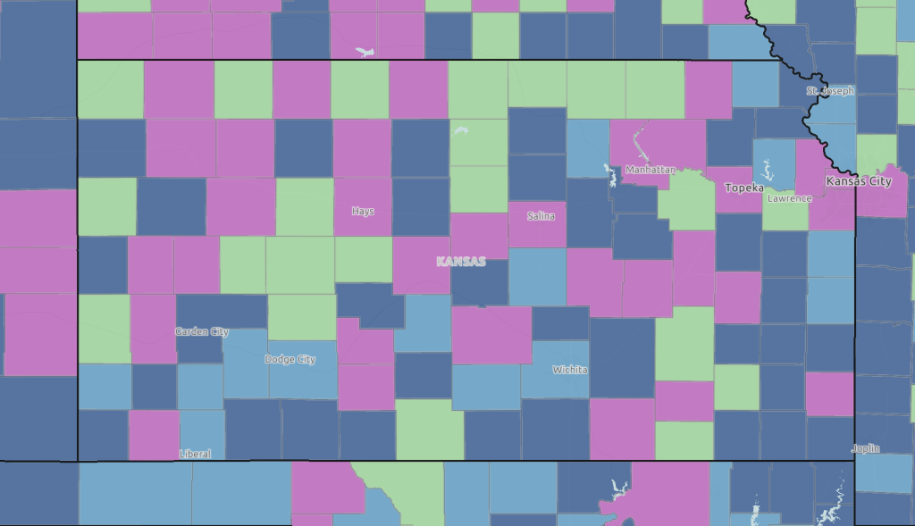 A map of Kansas showing highest paying job sector by county.