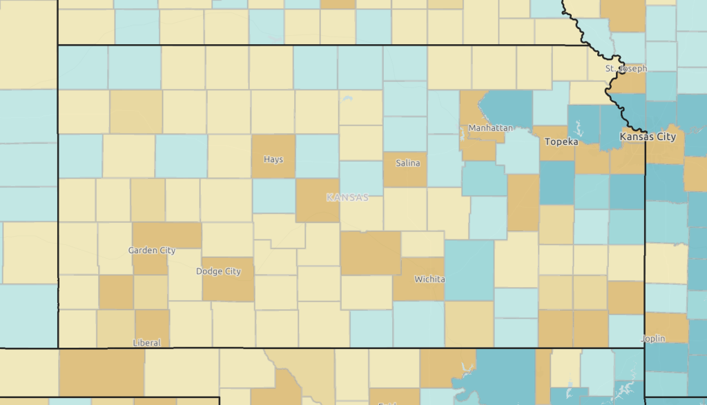 Net aggregate income levels by county across Kansas.