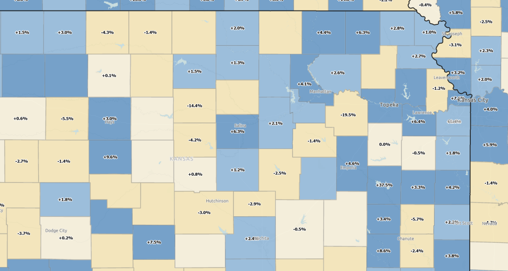 A map of Eastern Kansas showing rates of employment.