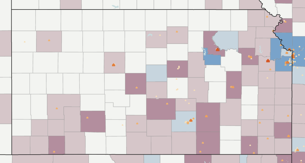 A map of Kansas showing net migration of young people and universities.