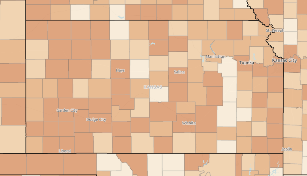 A map of Kansas showing income levels by county.