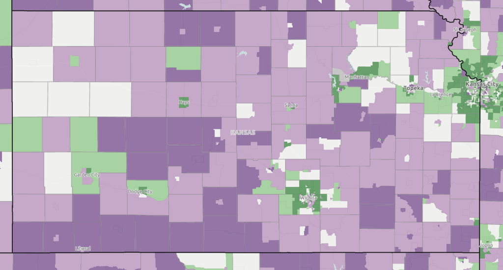 A map of Kansas showing population change.