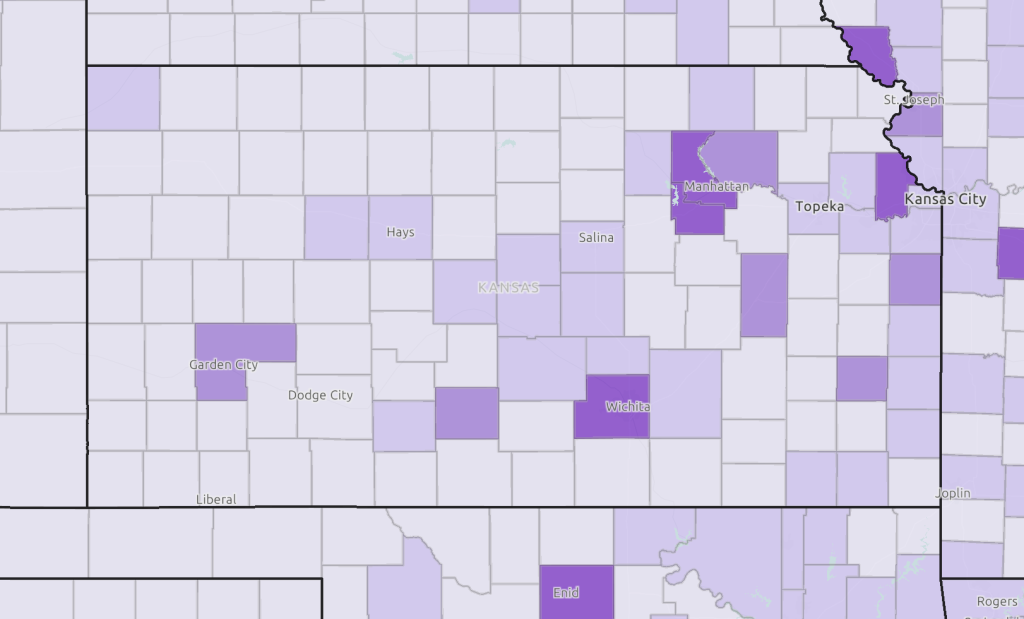 A map of Kansas showing rates of workers in the armed forces.