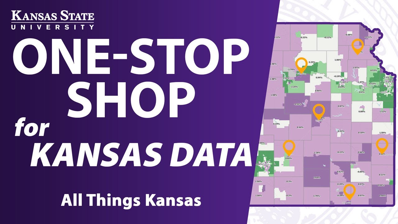 Image depicting a map of Kansas, overlaid with the text "One-stop shop for Kansas data, All Things Kansas"