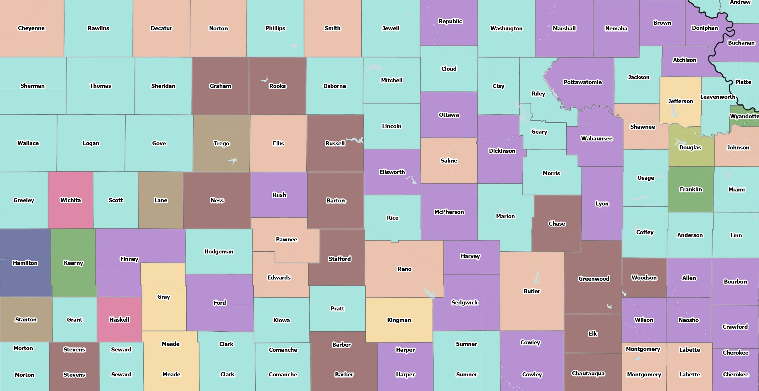 Kansas counties in different colors representing different dominant industries