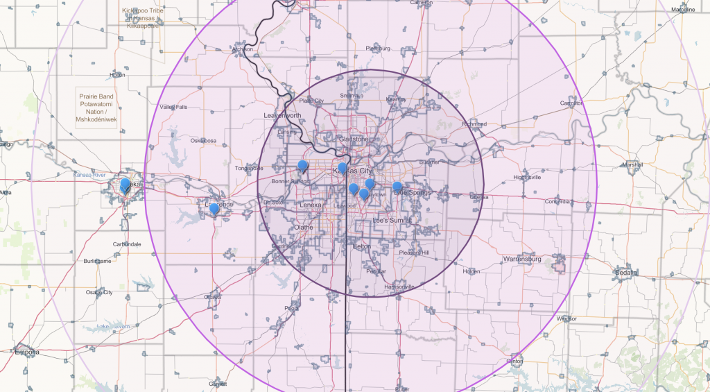 A map of Kansas showing 30, 60, and 90 mile radii.
