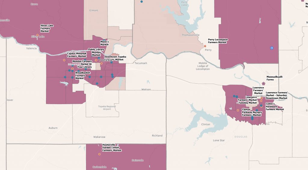 A map of food market assets across Kansas. Layers include locations of farmers markets, food hubs, on-farm markets, supermarkets, and SNAP retailer access.