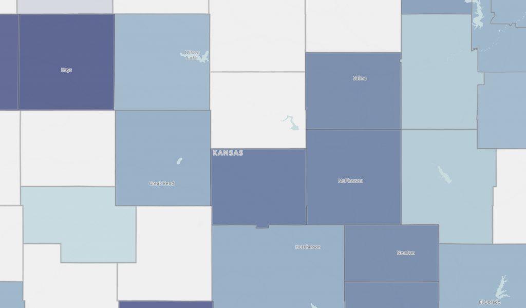A blue map of Kansas showing the types of food businesses across the state.