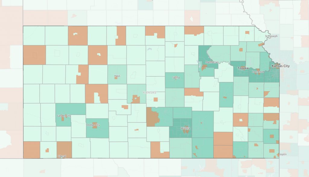 A map of Kansas showing food security rates and food deserts.