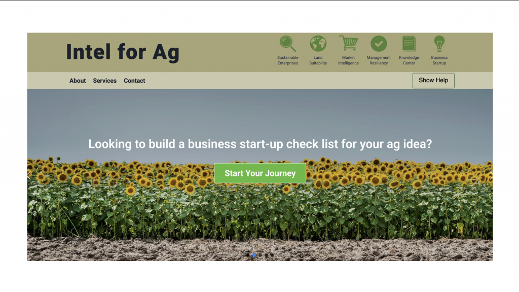 A photo of yellow sunflowers in a field on the homepage of Intel for Ag