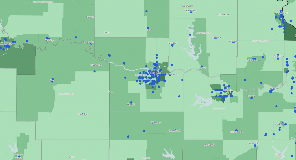 A green map of Kansas showing locations of SNAP authorized retailers.
