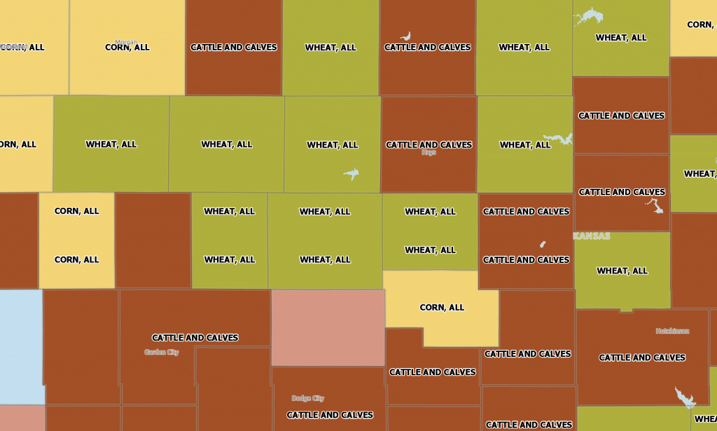 A map of Kansas counties showing the top commodity produced.