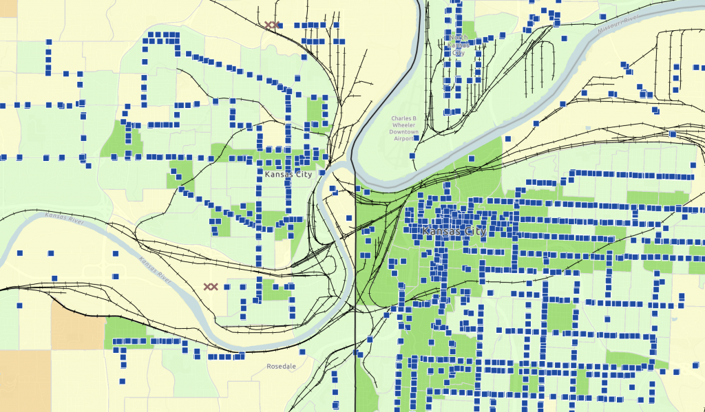 A green and yellow map of the Kansas City area showing transportation data.