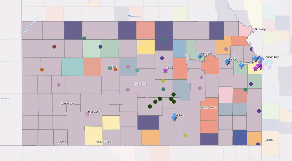 A map of Kansas showing cultural landmarks and soccer venues.