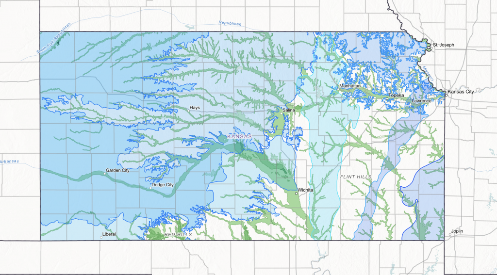A map of Kansas showing the locations and coverage areas of underground aquifers.