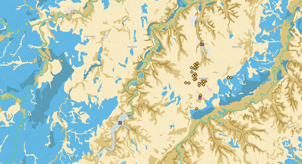 A zoomed in view of a map showing water drainage, impaired streams, and possible contaminants.