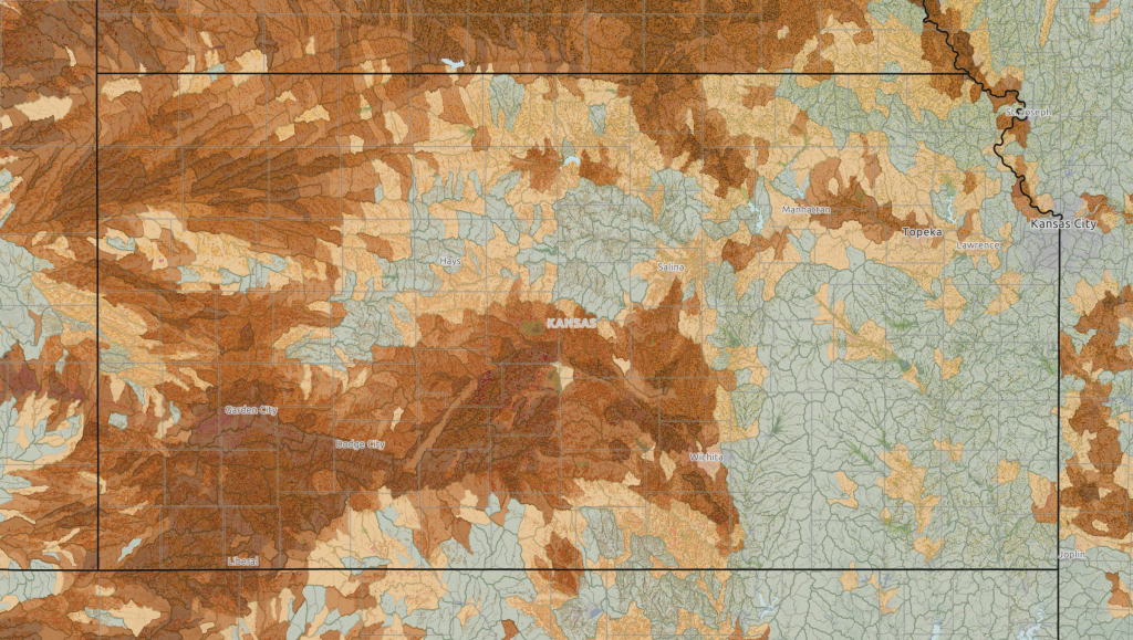 A map of Kansas showing irrigation rates, watersheds, and cropland types.