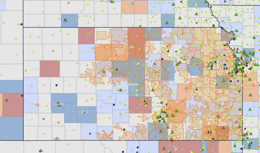 A map of Kansas showing water districts, water treatment plants, and drinking water violations.