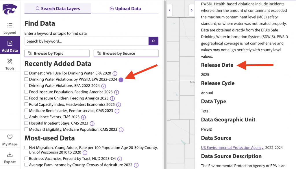 An image of the Kansas Map Room search data window. There are two arrows pointing to round info buttons that show release date and source information.