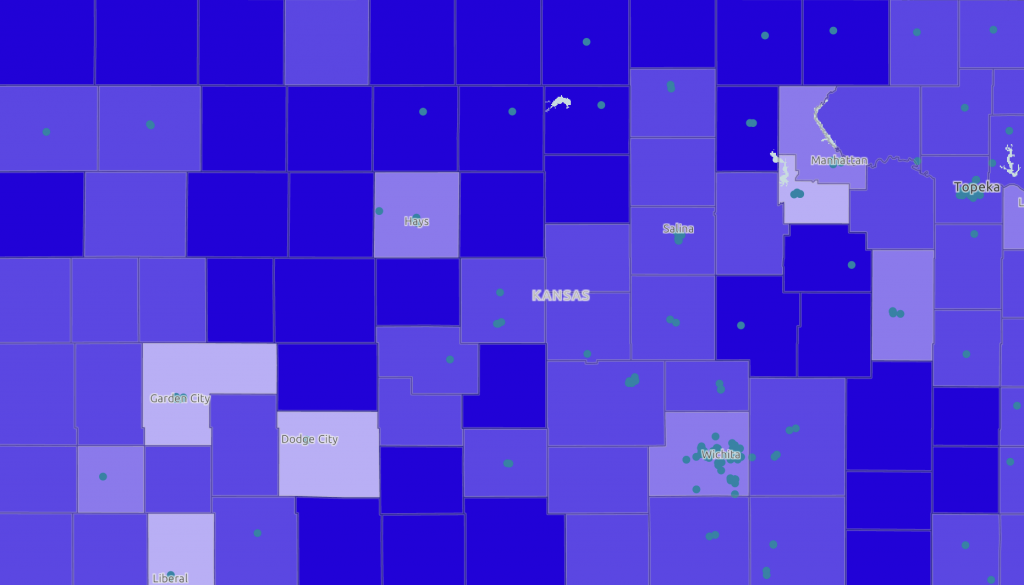 A purple map of cancer prevalence by county and food access.