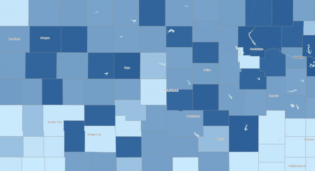 A map of Kansas showing childhood opportunity by county in blue.