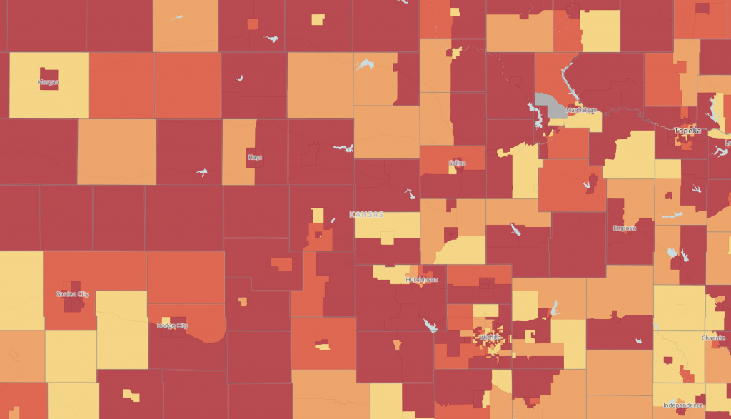 A red and orange map of Kansas showing engaged youth by census tract.