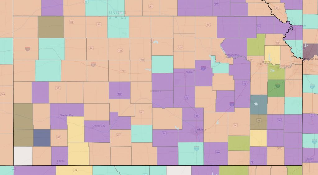 A colorful map of Kansas showing dominant employment industry by county.