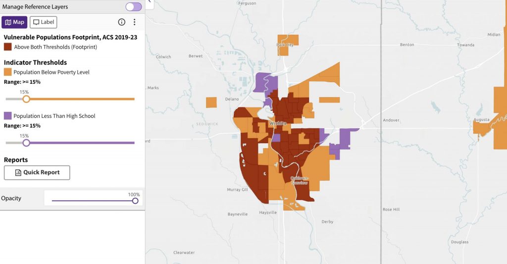 A map of Wichita showing census tracts highlighted in orange, purple, and red.