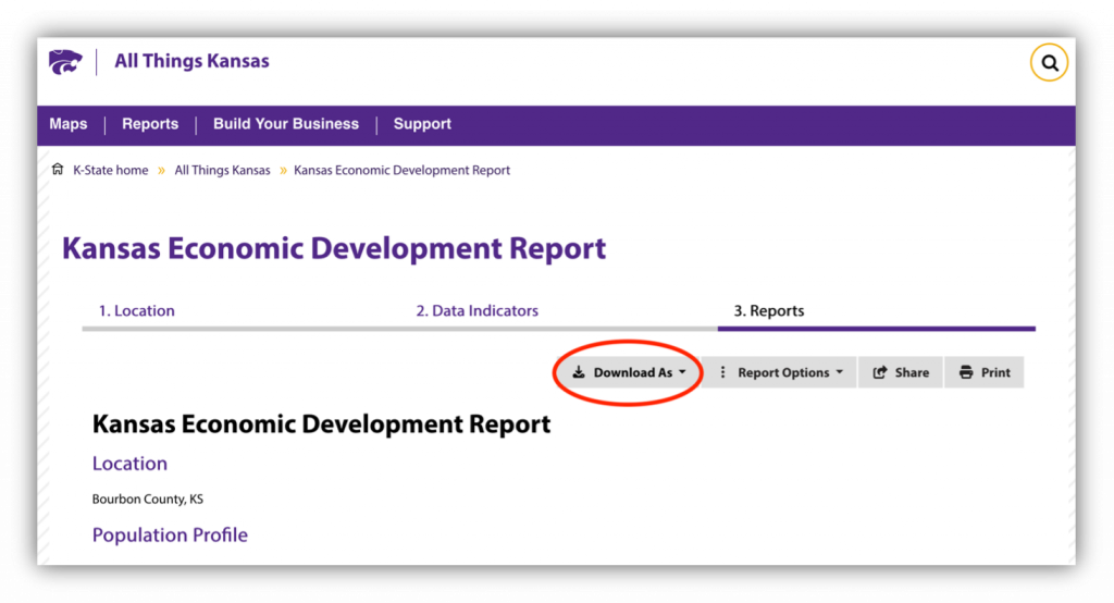 Kansas Economic Development Report with the Download As button circled